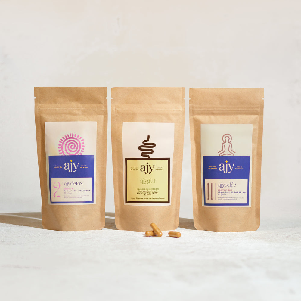 Trio ventre & digestion Ajygut Ajydetox Ajyodée Compléments alimentaires Bio Vegan Made in France