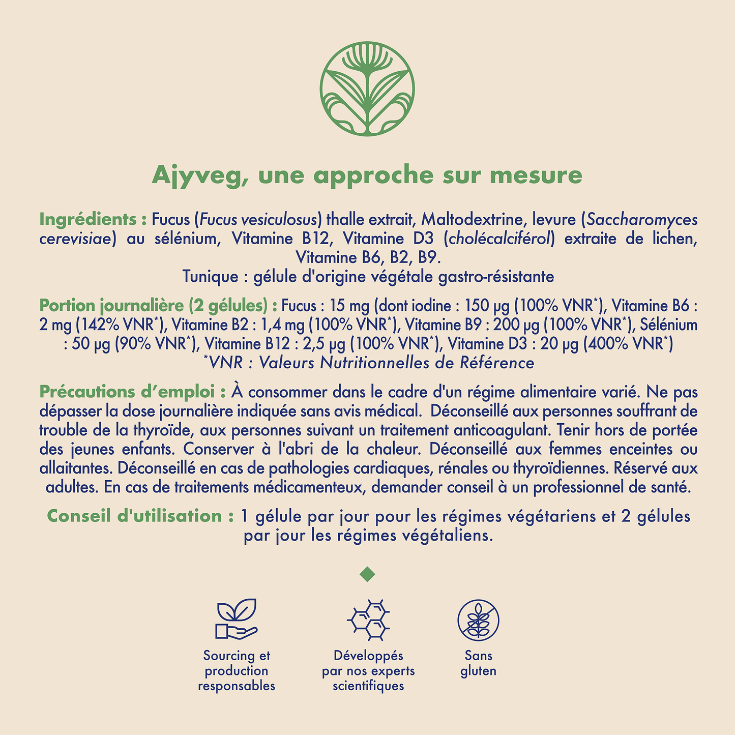 AJY Compléments alimentaires Bio Vegan Made in France Vegan Végétarien Végétalien Flexitarien Fucus Vitamines B12 Vitamines D3 Vitamines B6 Vitamines B2 Vitamines B9